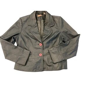 Vintage Dark Green Leather Jacket Button Front Fitted‎ Lined Cropped I.E. Y2K